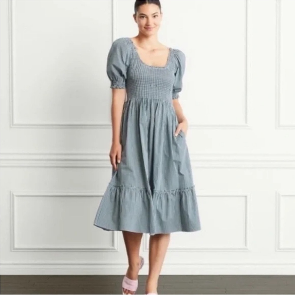 Hill House Nelsi Nap Dress Smocked Puff Sleeve Midi Dress Size XXL Green Gingham